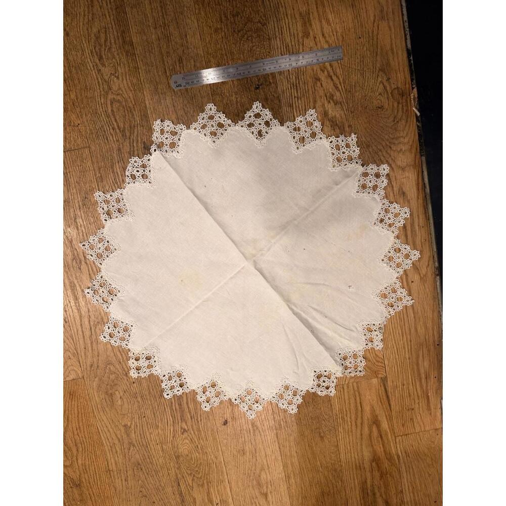 Antique Round Linen Large Doily Hand Crocheted Tatted Lace Edge 1920s Tablecloth